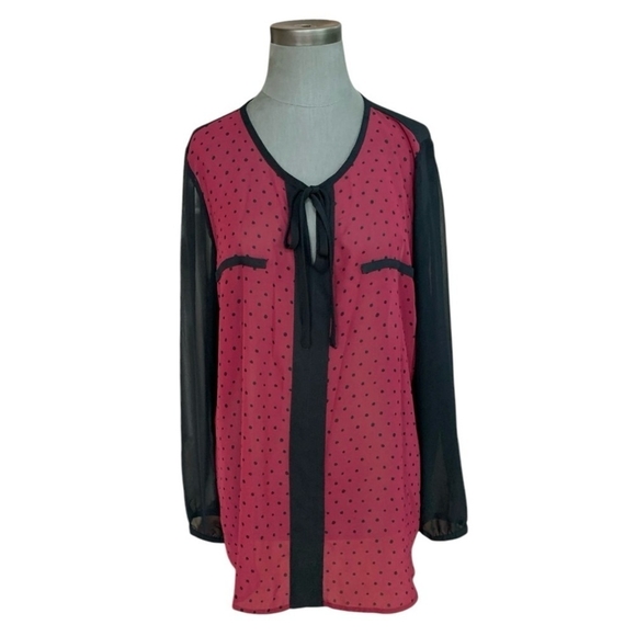 Women Top ANA A New Approach Black Red Polka Dot Sheer Blouse Long Sleeve Shirt - Picture 2 of 6
